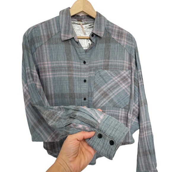 Free People Cutie Plaid Button Down Shirt Blue/Pink #796 - Picture 6 of 9